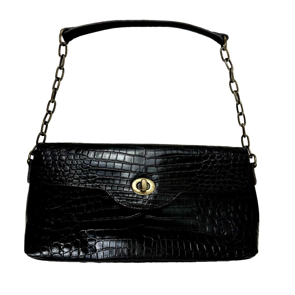 Talbots Black Croc-Pattern Shoulder Bag with Gold Chain